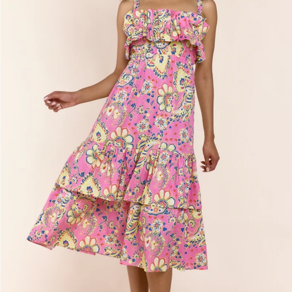 Pink Floral Ruffle Midi Dress